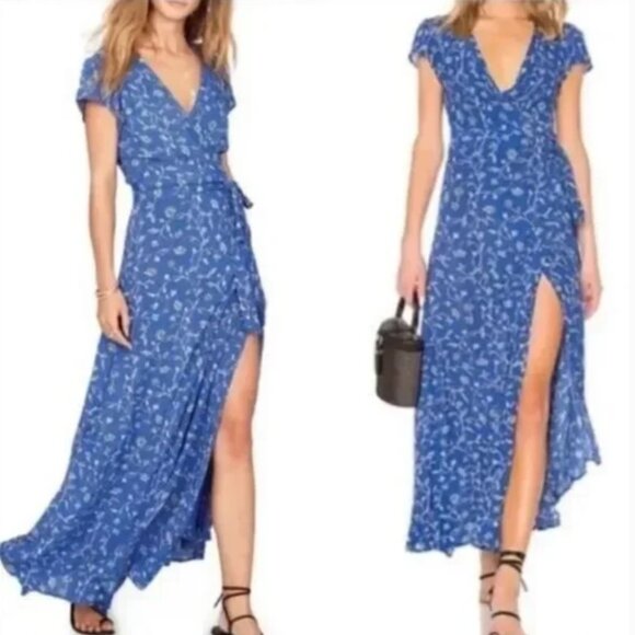 Revolve Amuse Society Summer Safari blue coast floral maxi wrap cottage core Med - Picture 3 of 9